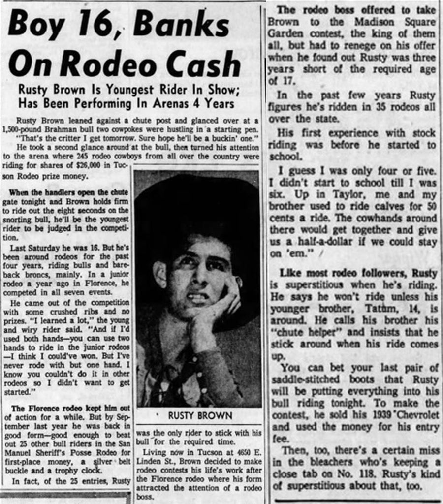 16 Year Old Seasoned Rodeo Veteran Rusty Brown Article From 1957!  A true American cowboy! 🤠